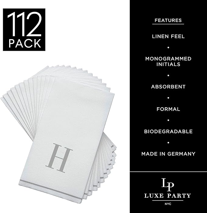Luxe Party 112 Pack Monogram Napkins | Letter H Initial | Disposable | Premium Airlaid | Linen Feel | Decorative Table Setting | Guest Towel Napkin | White and Silver