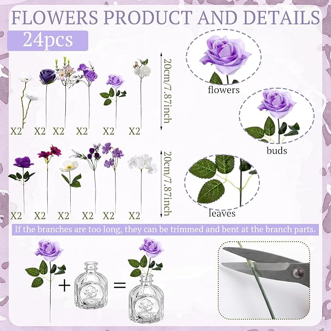 36 Pcs Artificial Flowers Table Centerpiece with Vases Colorful Wildflower Centerpieces Silk Flower Arrangement for Wedding Baby Shower Table Centerpieces Party(Purple Series,Clear)