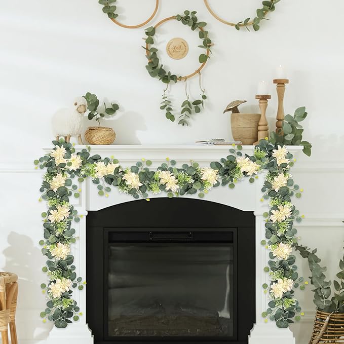 Dremisland Artificial Flower Garland 2 Pack 12Ft Champagne Dahlia Flower Vines Hanging Floral Eucalyptus Greenery Garland Decoration for Wedding Arch Bedroom Home Wall Backdrop Room Decor