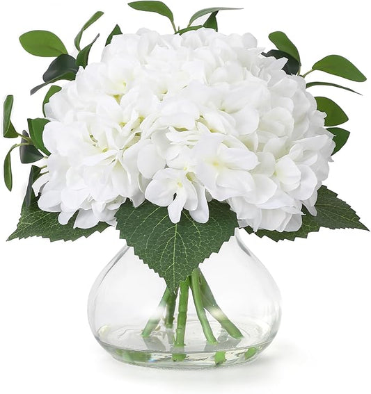 Hydrangea Artificial Flowers in Vase, Set of 7 Silk Faux Hydrangea Fake Flower Arrangements with Glass Vase and Faux Water for Home Decor Wedding Bouquets Table Centerpieces, White