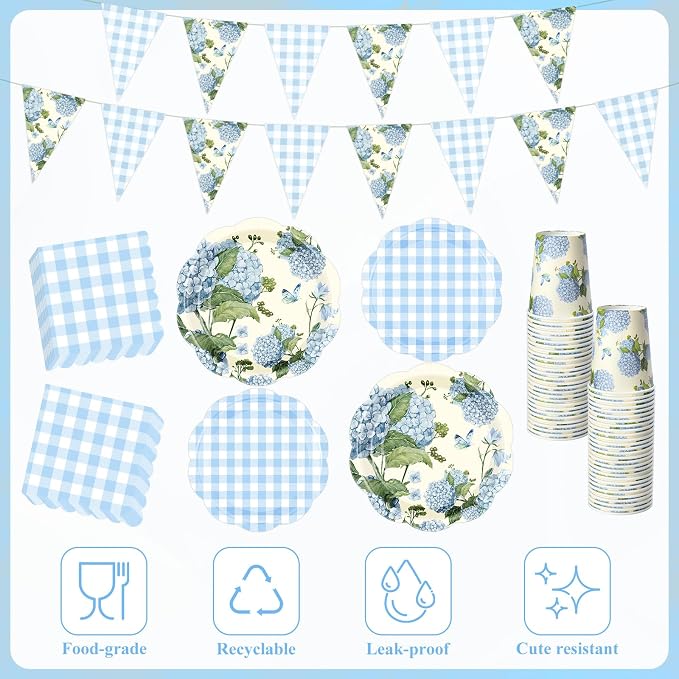 LemonRoad 128 Pcs Blue Hydrangea Party Decorations for 25, Blue and White Hydrangea Floral Checkered Paper Plates Napkins Cups Tablecloth Forks Banner for Bridal Baby Shower Birthday Tea Party Supply