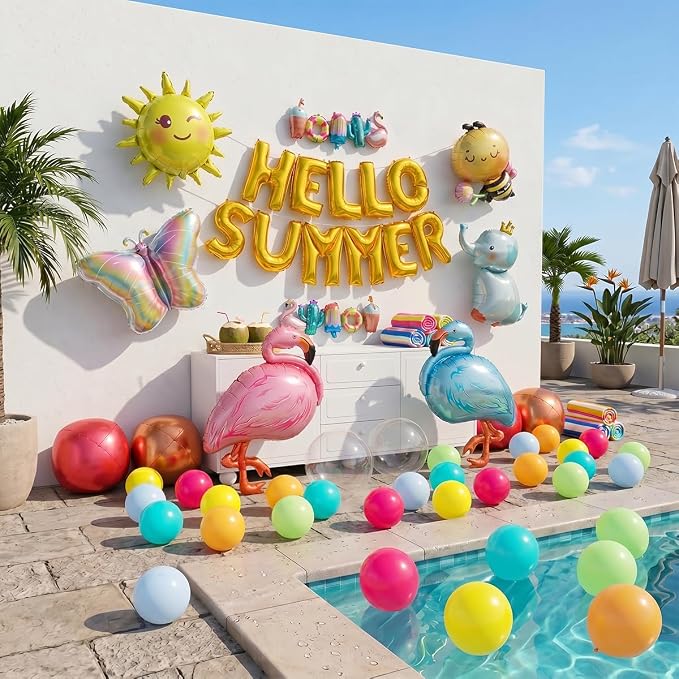 102 PCS "Hello Summer" Foil Balloon Decoration Kit, Tropical Summer Party with Flamingo Elephant Butterfly Mylar Balloons All-in-One Set, Gold Letter for Pool Party, Beach Party, Summer Decor