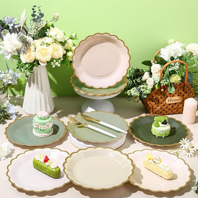 48 Pcs Sage Green Paper Plates 9 Inch Gradient Scalloped Paper Disposable Dinner Dessert Plates for Birthday Wedding Bridal Party Supplies, 6 Colors