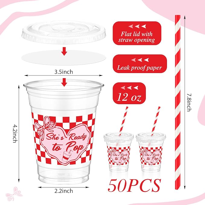 FoldTier 50 Sets Dirty Soda Bar Supplies She's ready to Pop Cups with Lids and Straws 12oz Clear Disposable Plastic Cups with Lids, Red Party Cup for Baby Shower Gender Reveal Party Popcorn Cold Drink
