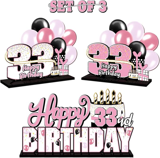 LINGTEER Happy 33rd Birthday Pink Acrylic Table Topper Centerpieces Set - Cheers to 33 Years Old Birthday 33rd Bday Party Gift Decorations.