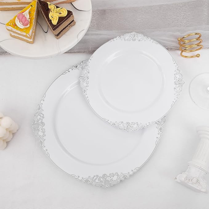 102PCS White and Silver Plastic Plates - Heavyweight Silver Plate - Wedding Plate with Silver Rim - Fancy Dinner & Dessert Plates for 51 Guests Weddings & Parties (Pack of 2)