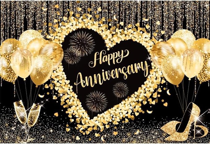 7x5ft Black & Gold Happy Anniversary Backdrop Banner, Gold Glitter Bokeh Spot Balloon Champagne Decorations for Wedding Anniversary Bridal Shower Party Photo Backdrops