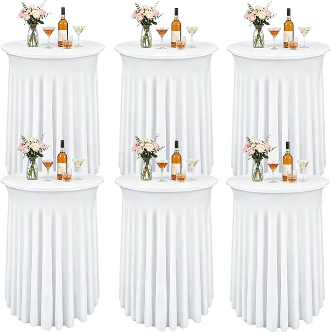 6 Pack Round Spandex Cocktail Table Tablecloth with Skirts, 32 x 43 Inch White Spandex High Top Cocktail Table Covers, Stretch Fitted Round Cocktail Tablecloths for High Top Bar Party Wedding Banquet