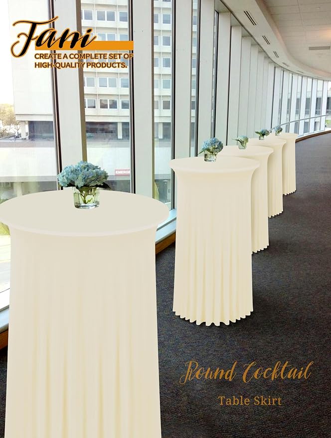 6 Packs 32"x 43" Round Cocktail Table Skirt, Spandex Fitted High Top Table Skirt, Spandex Stretch Cocktail Tablecloth for Wedding Party Bar Banquet Birthday Tables(Beige)