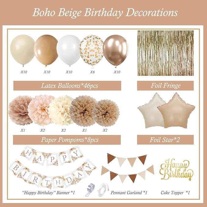 Birthday Decorations for Women - Beige Cream Neutral Balloons, Happy Birthday Decorations, Boho Party Banner