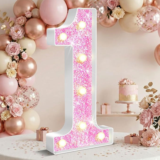 12.6 Inch LED Pink Marquee Light Up Numbers, Sweet 1st Birthday Decorations Number Lights as Gifts for Girls Women, Glitter Lighted Marquee Numbers for Pink Anniversary Party Table Decor, 1
