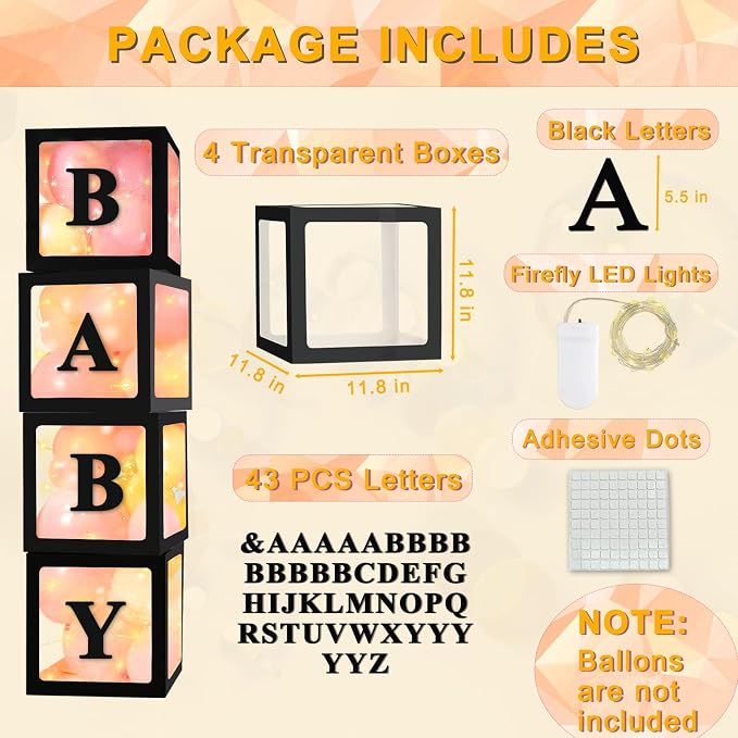 Ledido Baby Boxes with Letters for Baby Shower Decorations, 4 Pcs Transparent Balloon Boxes Blocks with Fairy String Lights, Clear Balloon Boxes for Boy Girl Gender Reveal 2026 HOCO Party Decor(Black)