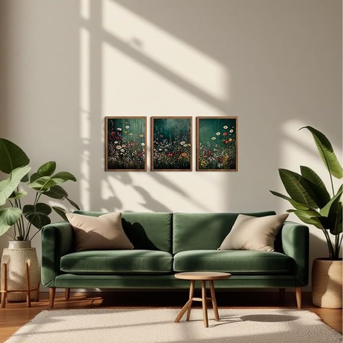 Vintage Wildflower Wall Art Set of 3, Dark Green Flower plant Canvas Prints Wall Decor, Gothic dark style pastoral landscape painting for Living Room Bedroom Farmhouse Home Decor 16x24in Wood Framed