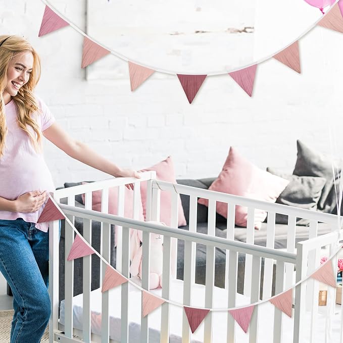 Oudain 2 Pcs Pennant Banner Flags Nursery Garland Triangle Bunting Flags Playroom Wall Decor Banner for Nursery Baby Shower Birthday Boho Wedding Party Event, Each 7.75 ft(Pink Color)