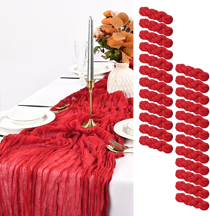 24 Pack Red Cheesecloth Table Runner, 10FT Cheesecloth Rustic Boho Table Runner Long Romantic Semi Sheer Table Runner for Wedding Baby Shower Birthday Bridal Party Decorations(21.5×120 Inch)