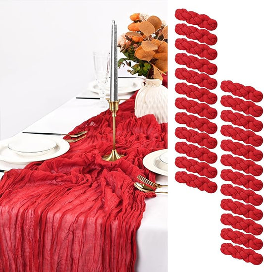 24 Pack Red Cheesecloth Table Runner, 10FT Cheesecloth Rustic Boho Table Runner Long Romantic Semi Sheer Table Runner for Wedding Baby Shower Birthday Bridal Party Decorations(21.5×120 Inch)