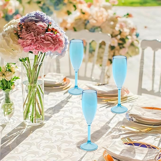 12 Pcs Champagne Flutes 5.4OZ Plastic Champagne Glasses Wine Glasses Plastic Goblets for Parties Mimosa Bar Glasses Stemmed Drinking Cups for Wedding Celebration Christmas Birthday Bride (Clear Blue)