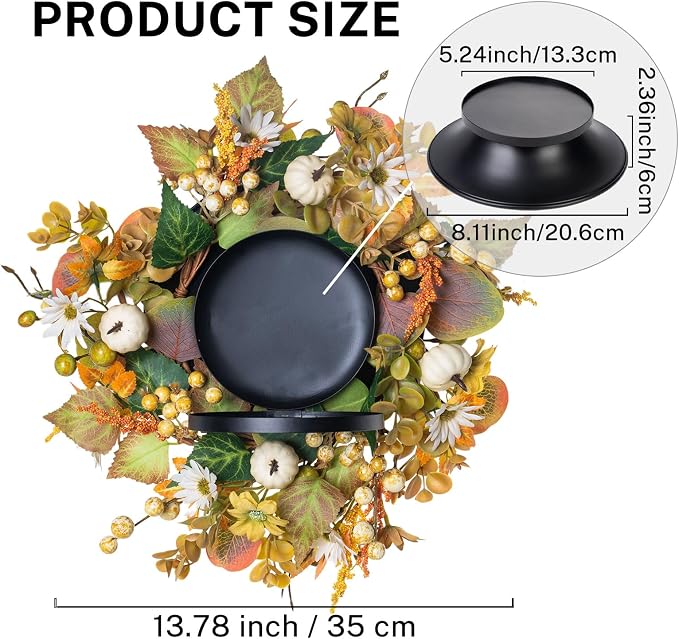 MOYEE Autumn Centerpieces for Tables Candle Ring, Black Metal Candlestick with an Artificial Wreaths 14 in Versatile Dining Table Centerpiece Decor (Pumpkin and Daisy Wreath)