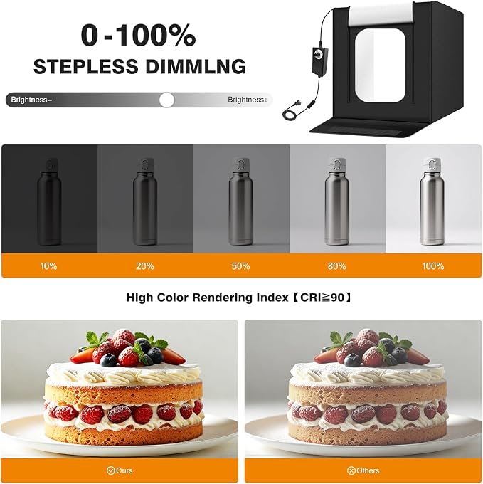 Light Box Photography 20"x20" with 80LED Lights and 4 Color Backdrops Photo Box with Lights, Foldable Light Box with Adjustable Brightness, 6000-6500K Dimmable Portable Picture Box Shooting
