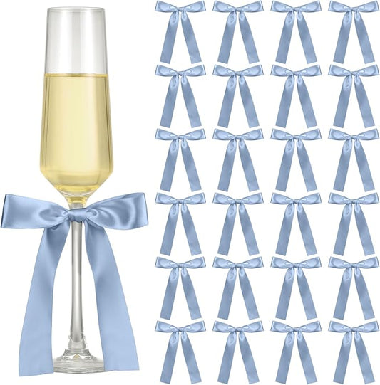 Jingmore 24 Pack Bows for Champagne Glasses Candle Holder 6.7 x 4 Inch Bow Drink Tags Wine Glass Candlestick Ribbon Self Adhesive Name Marker for Wedding Anniversary Party Gift Decor(Blue)