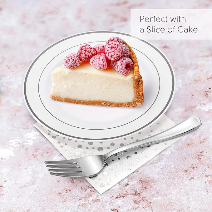 Stylish 7.5 Inch White and Silver Plastic Plates, Disposable Forks and Cocktail Napkins (100 Set), Silver Dessert Plates, Small Appetizer Plates, Disposable Cake Plates for Wedding Reception