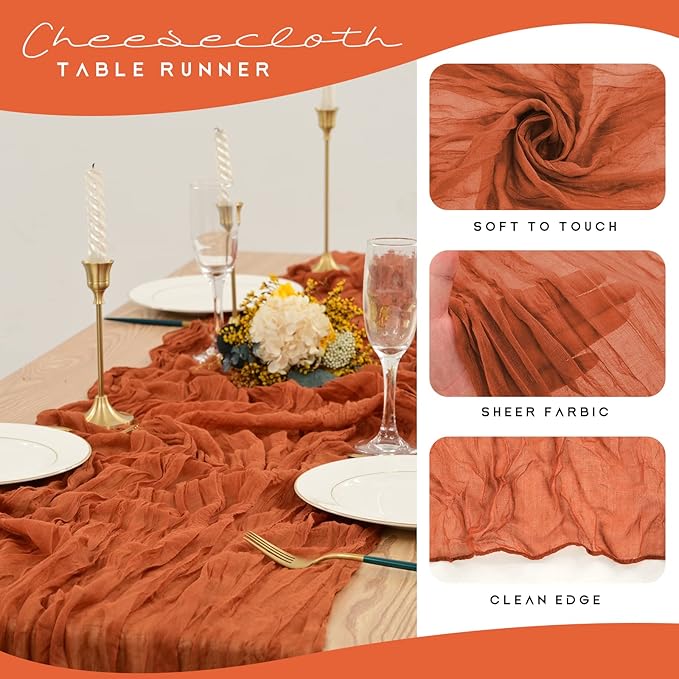 12 Pack Cheesecloth Table Runner 35 x 120 inch Long Boho Cheese Cloth Gauze Table Runners Semi Sheer Table Runner for Wedding Decor, Bridal Shower, Birthday Party (Terracotta)