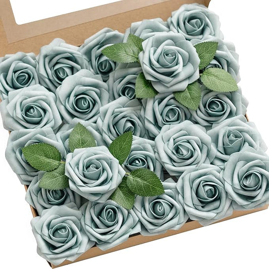 Ling's moment Artificial Flowers 50Pcs Dusty Blue Roses Decor w/Stems,3" DIY Foam Floral for Wedding Bouquet/Centerpieces, Outdoors Party Backdrop, Room/Table, and Garden/Pot Decorations