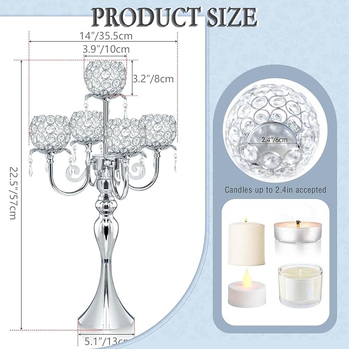2Pcs Elegant 5-Arm Tea Light Crystal Candle Holder with Pendant Chain & Round Crystal Bowl - 22.5 Inch Tall Silver Wedding Table Centerpiece for Holiday Events, Parties & Home Decor