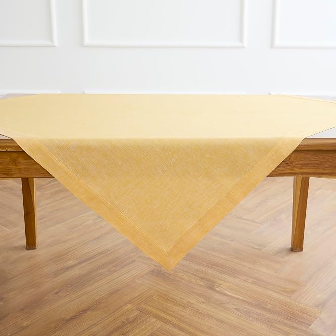 Solino Home Linen Cloth Tablecloth 52 x 52 Inch - 100% Pure Linen Chambray Mustard Square Tablecloth - Athena, Machine Washable Table Throw for Summer