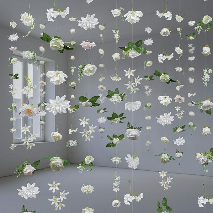 Suncalla 12 Pcs 70.8 ft Wildflower Garland Pre Strung Artificial Hanging Flower Vine Backdrop Decor from Ceiling Floating Silk Floral Garland for Garden Wedding Bridal Shower(Boho,White)