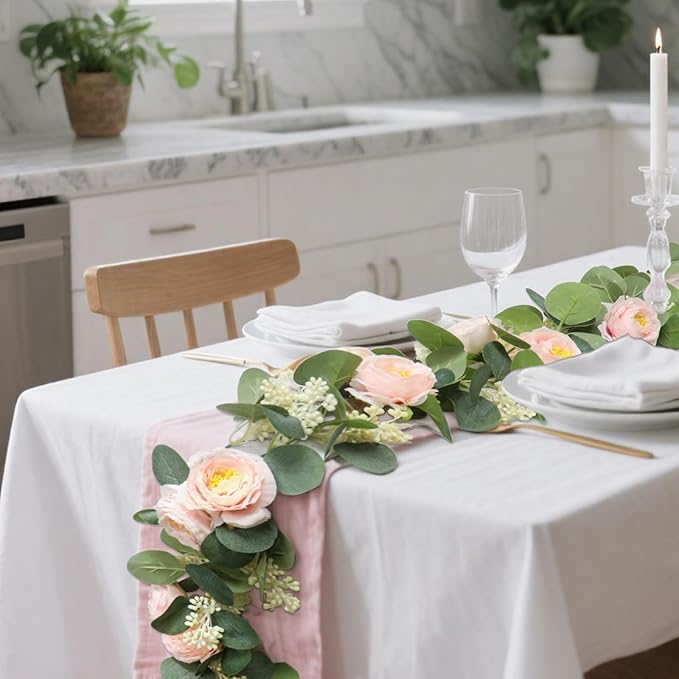 Zerzsy 2 Pack Artificial Greenery Vine Fake Flower Garlands, 6.6Ft Pink Floral Rose Garland, Eucalyptus Garland Faux Silk Hanging Vine for Wedding Table Runner Room Decor (Pink)