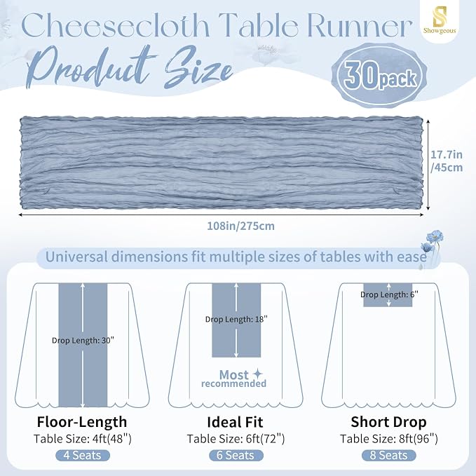 30 Pack Dusty Blue Cheesecloth Table Runner 17 x 108 inch Boho Gauze Table Runner Rustic Sheer Cheese Cloth Table Decorations for Wedding Party Baby Bridal Shower Birthday Holiday Home