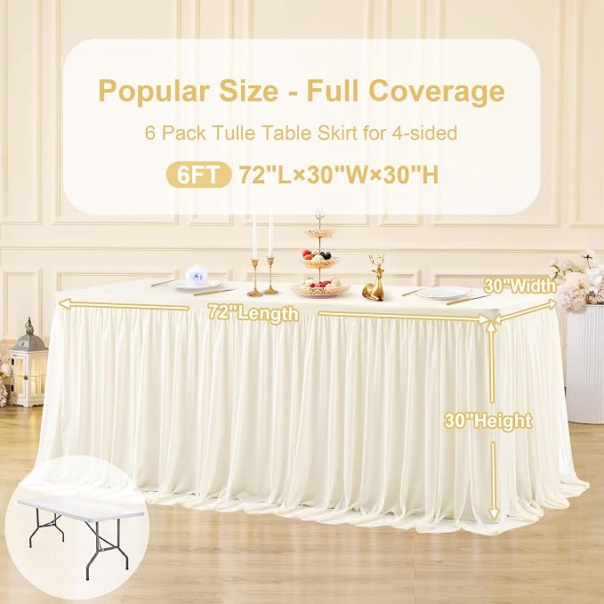 6 Pack Ivory Tablecloths for 6 Foot Rectangle Tables with Tulle Table Skirt Wedding Table Cover Stretchy Fitted Ruffle Tutu Tablecloth for Baby Shower Reception Birthday Parties Celebration Banquet
