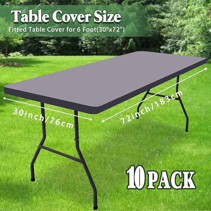 10 Pack Picnic Table Cover Outdoor Elastic Fitted Tablecloths for 6 Foot Rectangle Table Waterproof Stretch Washable Patio Folding Spandex TableCloth for Camping Banquet Parties (Light Grey,30" x 72")