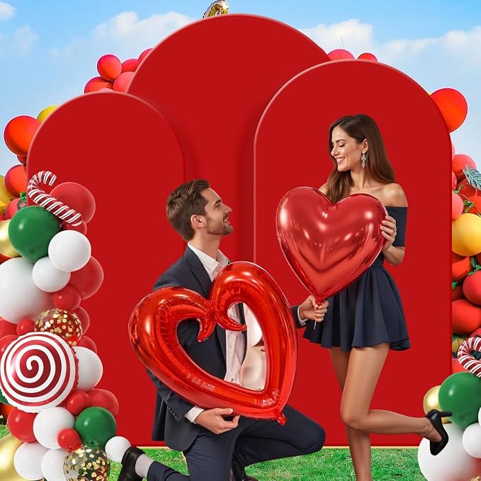 Gawicpy Wedding Arch Backdrop Stand Set Metal Arch Backdrop Stand with Wedding Arch Cover, Wedding Balloon Arch Backdrop Stand for Birthday, Baby Shower, Anniversary (Red, 5.9FT+6.6FT+7.2FT)