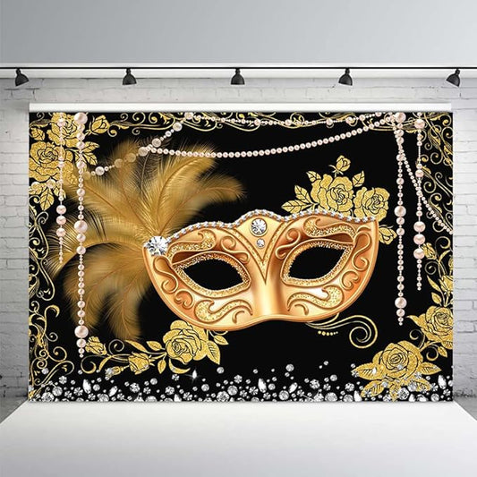 MEHOFOND Masquerade Ball Backdrop Black Gold Masquerade Party Photography Background Mardi Gras Carnival Costume Party Decorations Sweet 16 Dress-Up Banner Supplies Photo Studio Props 10x7ft