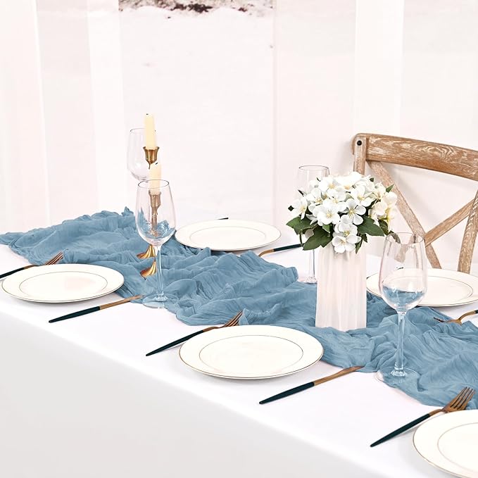 12 Pack Dusty Blue Cheesecloth Table Runner 10FT Dusty Blue Boho Gauze Cheese Cloth Table Runner Rustic Sheer Fabric Table Runners for Wedding Bridal Shower Baby Shower Party(21.5×120 Inch)