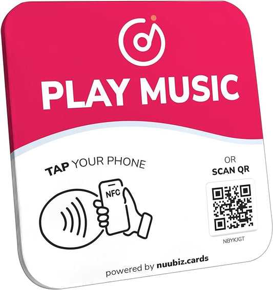 NFC Business QR Code Sign Plate for Playing Music – Drive Offline Engagement Online – Works Like Review Tap Card & Social Media Sign – No App or Fees – Includes Stand or Adhesive