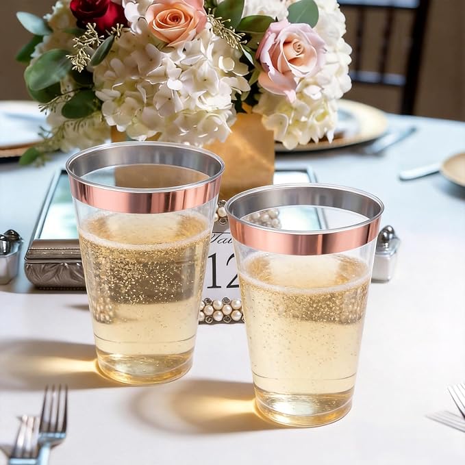 200 Pack 12oz Plastic Cups with Rose Gold Rimmed - Sturdy & Food Safe Plastic Wine Glasses Wedding Cups Party Cups Clear Cups Plastic Cocktail Glasses for Wine, Juice, Cocktails and Cold Beverages