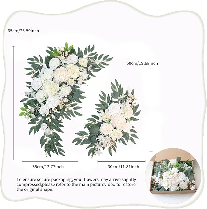 Odouzy Pack of 2 Wedding Arch Decorations Artificial Hanging Flowers Floral Swag for Wedding Welcome Sign Backdrop Balloon Arch Home Party Bridal Ceremony Reusable(White)