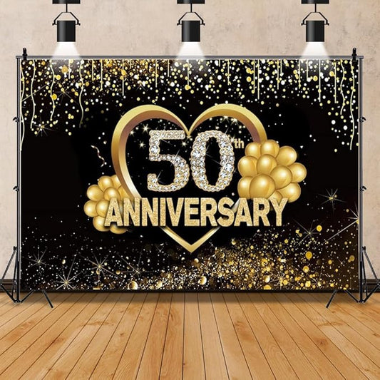 Chloroplast 50th Wedding Anniversary Backdrop 12x8ft Black Gold Glitter Spots Diamond Background for Photography Party Banner Supplies Photo Booth Props
