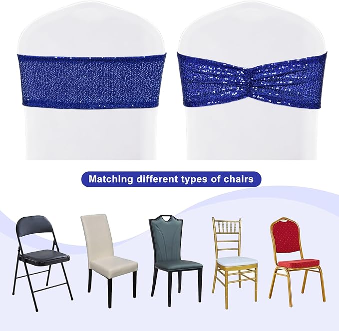 SquarePie Pack of 10 Sequin Chair Sashes Shiny Navy Blue Bows Bands for Wedding Banquet Party Decor