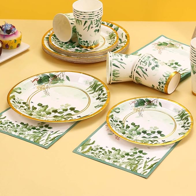 Sage Green Party Decorations, Sage Green Plates and Napkins, Baby Shower Plates and Cups and Napkins Sets 200 Pcs, Eucalyptus Bridal Shower Wedding Baptism Birthday, Serves 50