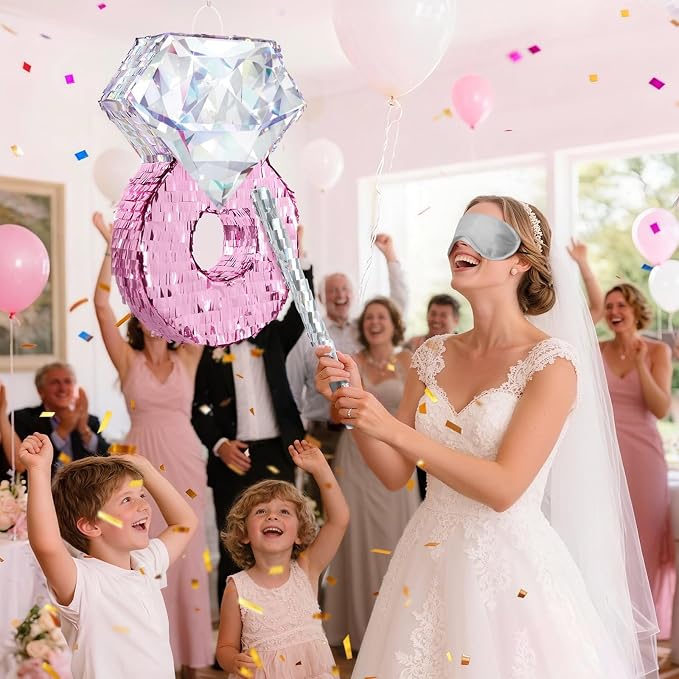 WERNNSAI Diamond Ring Piñata - Valentines Day Party Decoration Shiny Ring Piñata with Blindfold and Stick for Valentines Day Engagement Party Decoration Wedding Bachelorette Party Surprise Supplies