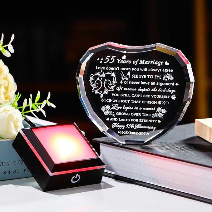 Arikyrist 55th Wedding Anniversary Crystal Heart Gifts for Couple, Laser Engraved 55 Year Anniversary Crystal Gifts for Wife Husband Parents, Romantic 55 Years of Marriage Gift for Him Her Friends