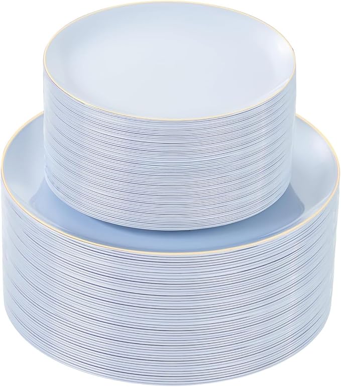 bUCLA 100PCS Light Blue Plastic Plates - Blue Disposable with Gold Rim - Include 50 Each (10 inch Dinner & 7 inch Dessert) Plates, Ideal for Party, Birthday & Spring