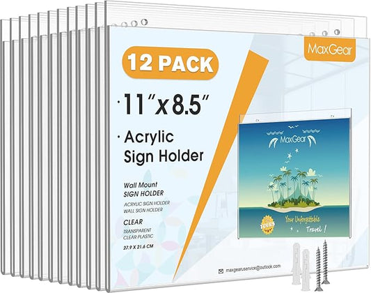 MaxGear Wall Mount Sign Holder 8.5 x 11 Inch, Clear Plastic Picture Frames with Mounting Screws, Door Sign Holders and Document Display Frame for Home, Office, Store, Landscape, 12 Pack