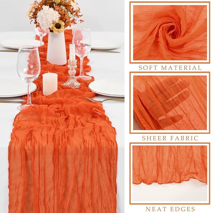 6 Pieces 10FT Orange Cheesecloth Table Runner Boho Gauze Fabric Runner for Tables Rustic Sheer Runner for Wedding Bridal Shower Birthday Holiday Party Cake Table Arbor Decor (35 x 120 Inches Long)