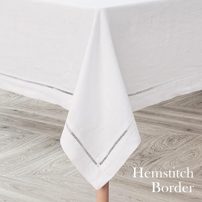 Linen World Hemstitch Linen Tablecloth,French Linen White Tablecloth 55" x 55" Inch,Washable Square Table Cloth for Dining,Outdoor,Weddings and Restaurants,Decorative Thanksgiving Christmas