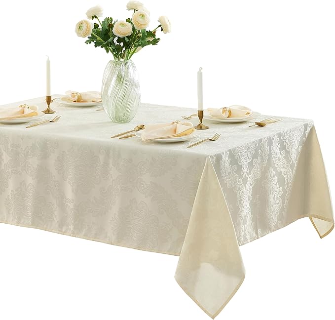 Newbridge Barcelona Luxury Damask Fabric Tablecloth, 70” Extra Wide x 168” Rectangle, Antique White, 100% Polyester, No Iron, Soil Resistant Dining Room, Party and Banquet Table Cover